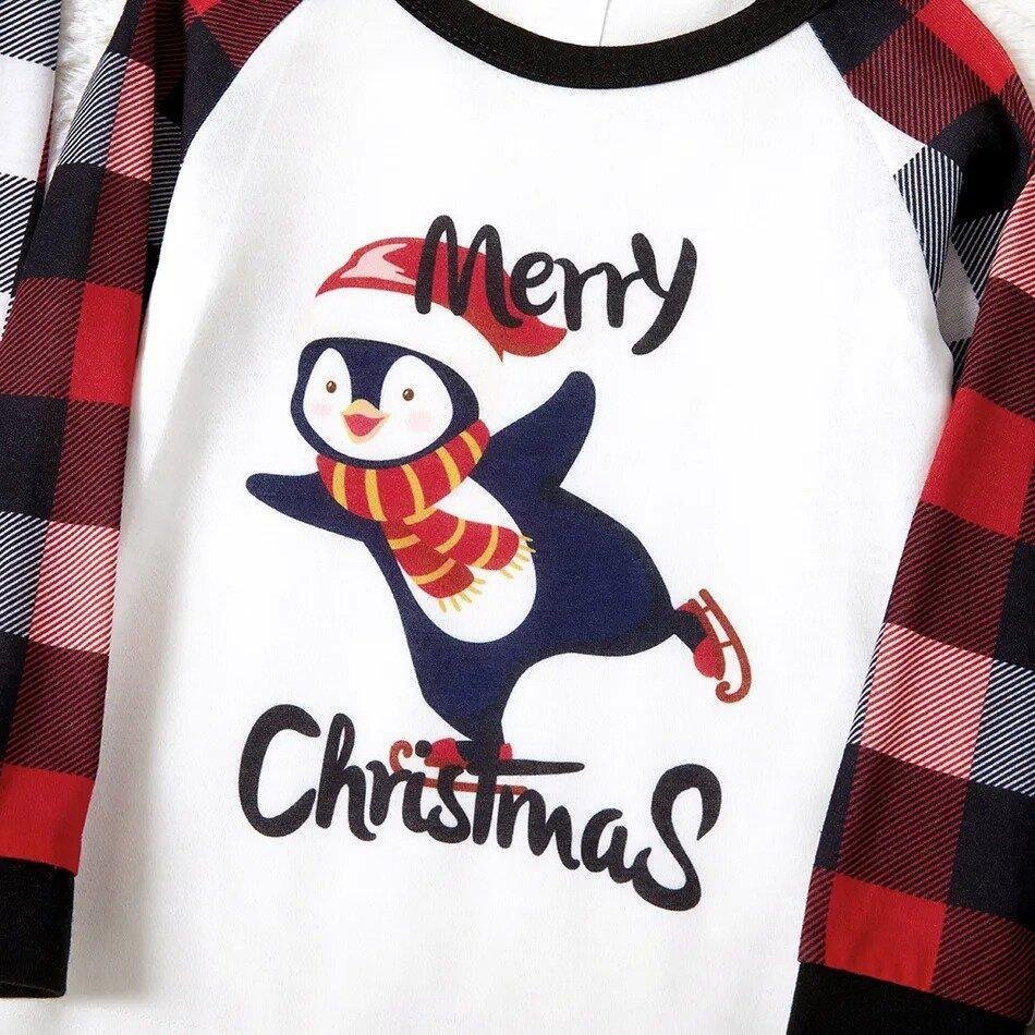 Plus Size Christmas Penguin on Sleigh and Letter Print Family Matching Raglan Long-sleeve Plaid Pajamas Sets-xinru shop