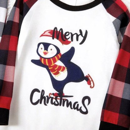 Plus Size Christmas Penguin on Sleigh and Letter Print Family Matching Raglan Long-sleeve Plaid Pajamas Sets-xinru shop