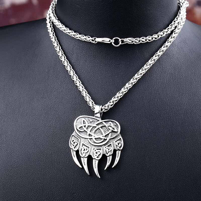 Viking Bear Paw Trinity Knot Berserker Stainless Steel Pendant Necklace-xinru