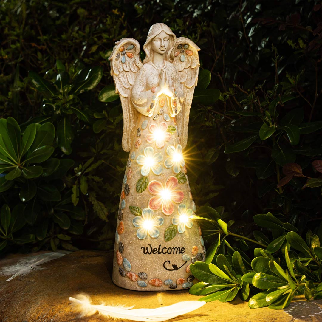 Garden Figurine Angel Statue Welcome Sign Solar Sculpture-xinru