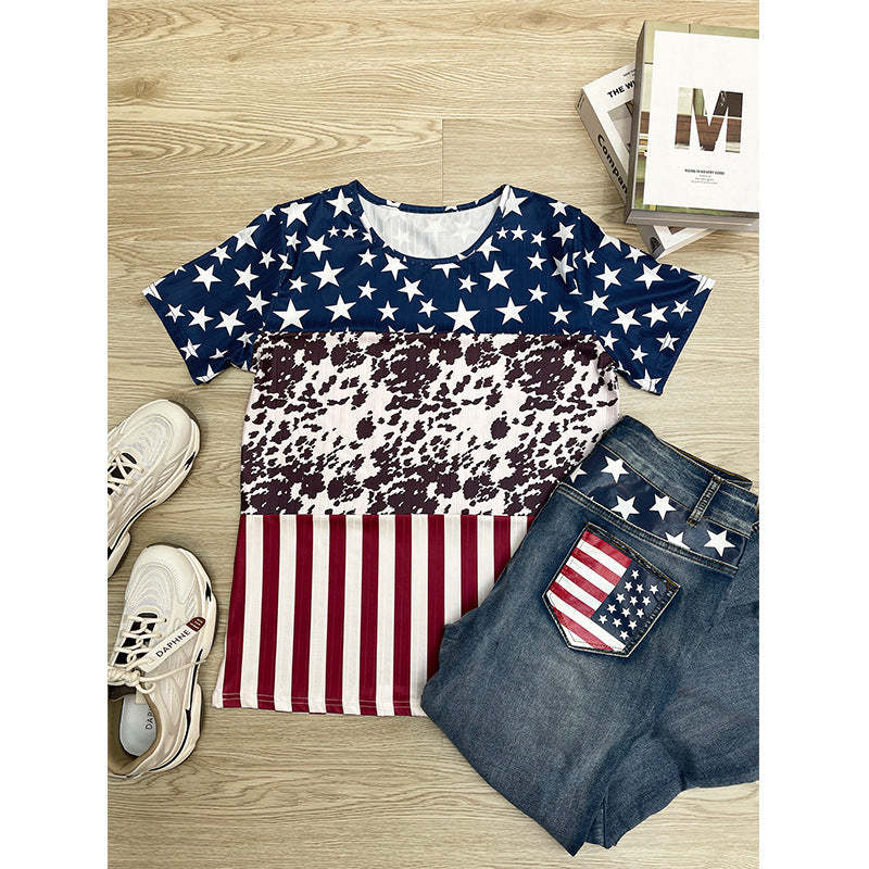 Womn American Flag Color Block T-Shirt independence Day Decor-xinru