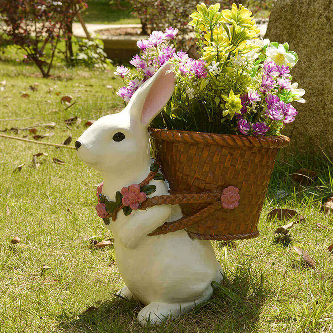 Woven Backet With Cute Rabbit Plastic Sculpture Flower Pot Home Decor-xinru