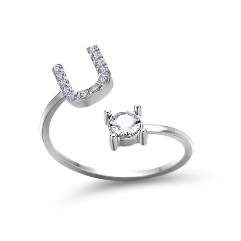 Golden Adjustable A-Z Personalized Initial Letter with Rhinestone Rings-xinru