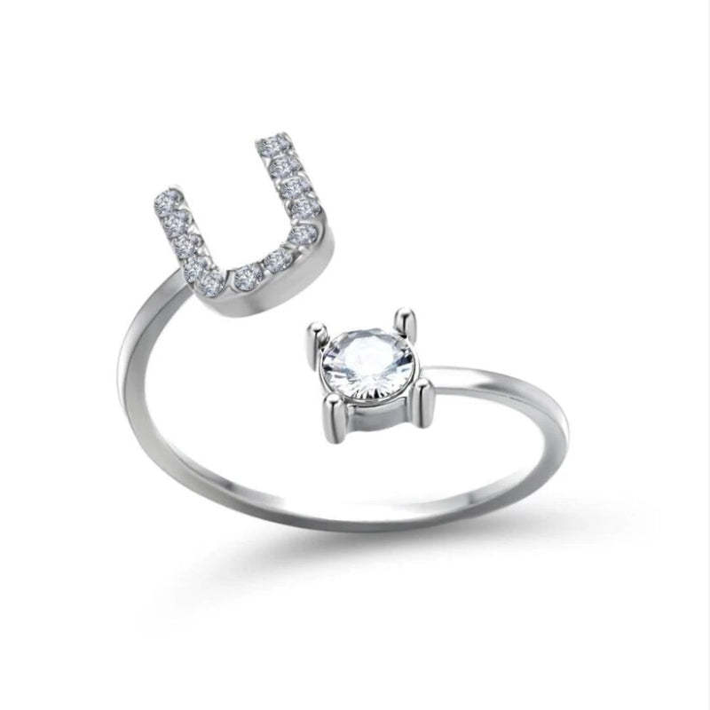 Golden Adjustable A-Z Personalized Initial Letter with Rhinestone Rings-xinru