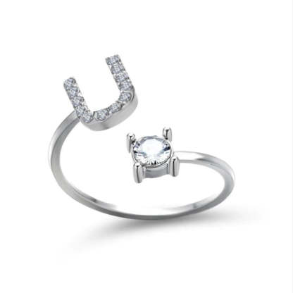 Golden Adjustable A-Z Personalized Initial Letter with Rhinestone Rings-xinru