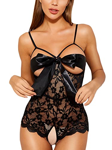 Romwe Women's Self Knot Front Teddy Lingerie One Piece Floral Lace Bodysuit Babydoll-xinru