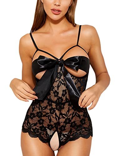 Romwe Women's Self Knot Front Teddy Lingerie One Piece Floral Lace Bodysuit Babydoll-xinru