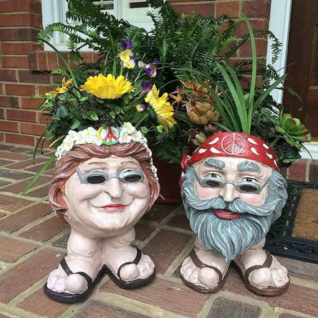 Muggly Hippie "Jerry" and Flower Child "Janice" Painted Face Humorous Planter-xinru