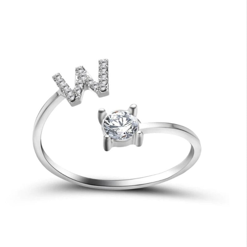 Golden Adjustable A-Z Personalized Initial Letter with Rhinestone Rings-xinru