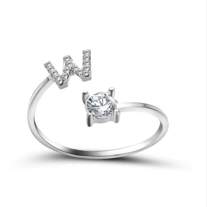 Golden Adjustable A-Z Personalized Initial Letter with Rhinestone Rings-xinru