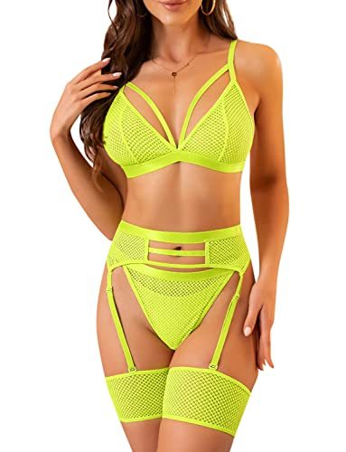 Women's 4 Pieces Exotic Lingerie Set Strappy Fishnet Lingerie Lace Bra and Panty Sets High Waisted Mesh Underwear-xinru shop