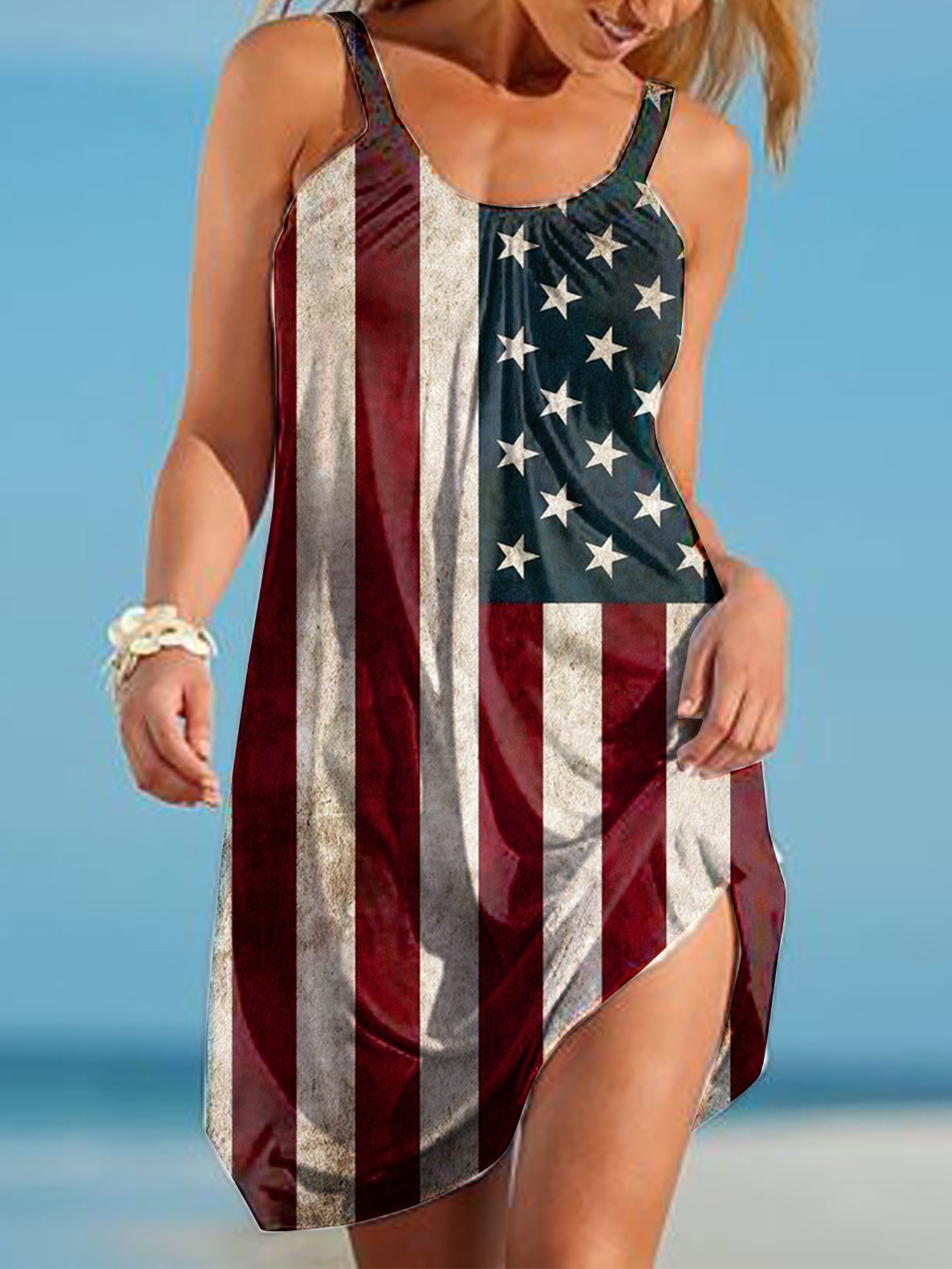 Womens American Flag Print Sundress Ladies Summer Beach Sleeveless Short Dress-xinru