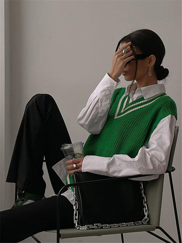 Green Knit Women's V-Neck College Tank Sweater Top-xinru