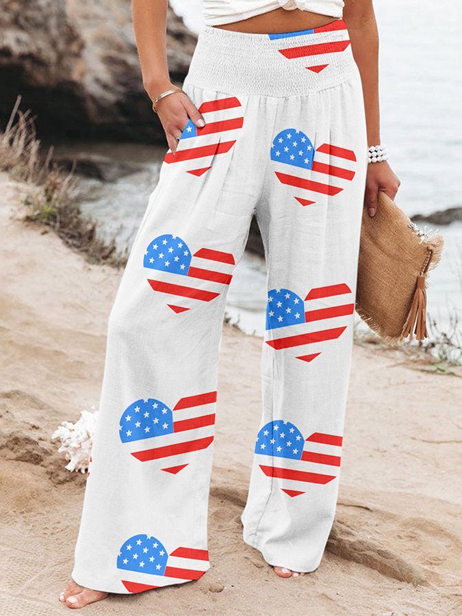Women's Independence Day Flag Heart Print High Waist Casual Wide Leg Pants-xinru