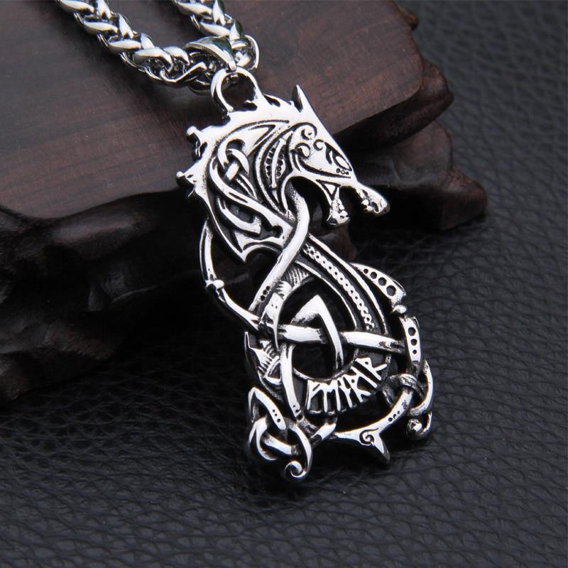 Man Silver Fenrir Viking Wolf Necklace-xinru