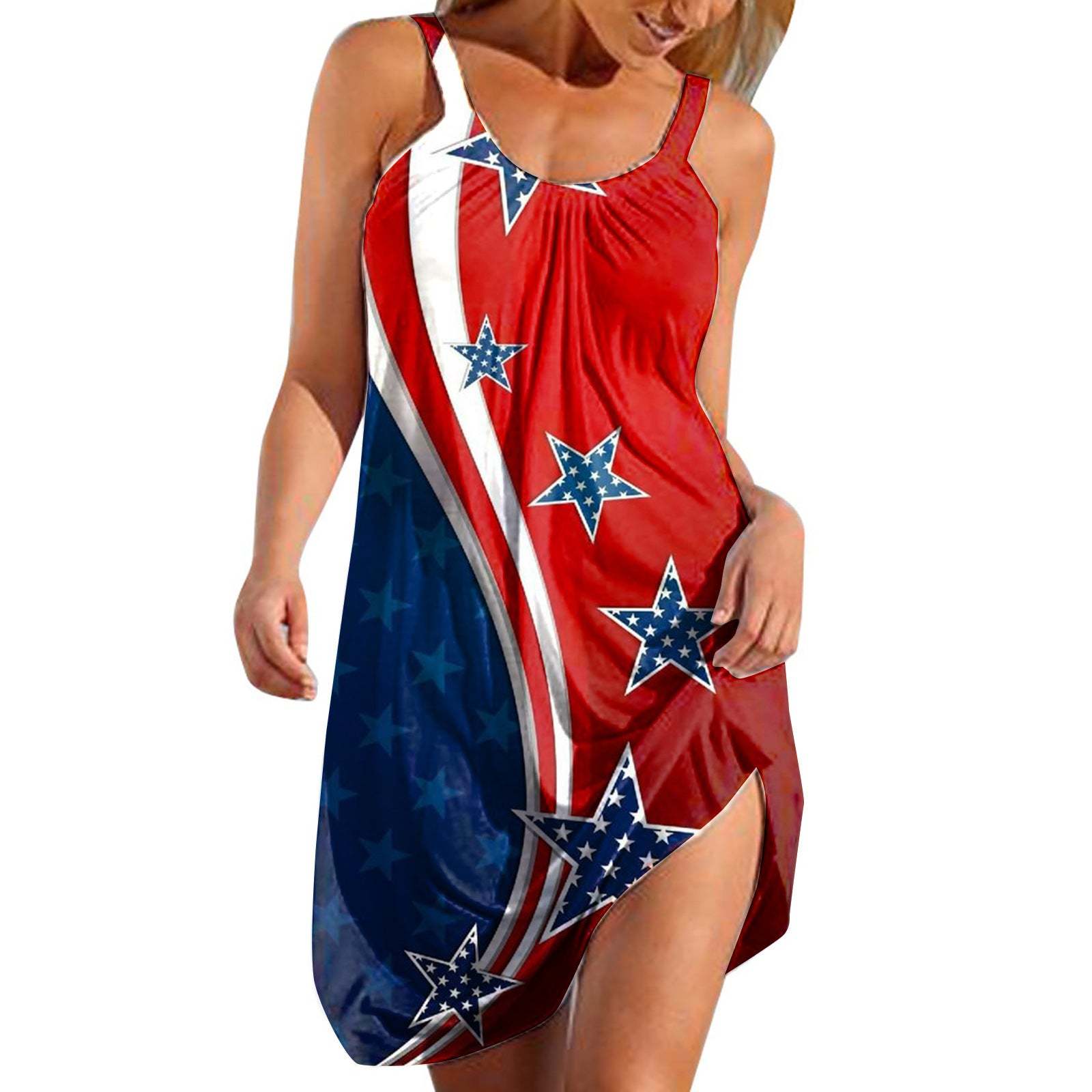 Womens American Flag Print Sundress Ladies Summer Beach Sleeveless Short Dress-xinru