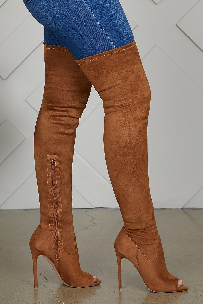 Thigh High Peep Toe Soft Suede Boots Over the Knee Stiletto - Brown-xinru