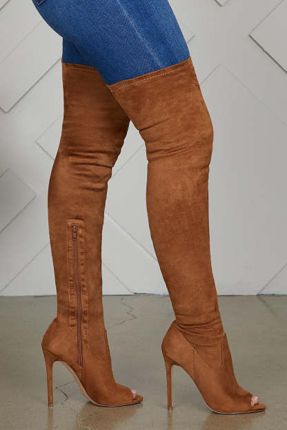 Thigh High Peep Toe Soft Suede Boots Over the Knee Stiletto - Brown-xinru