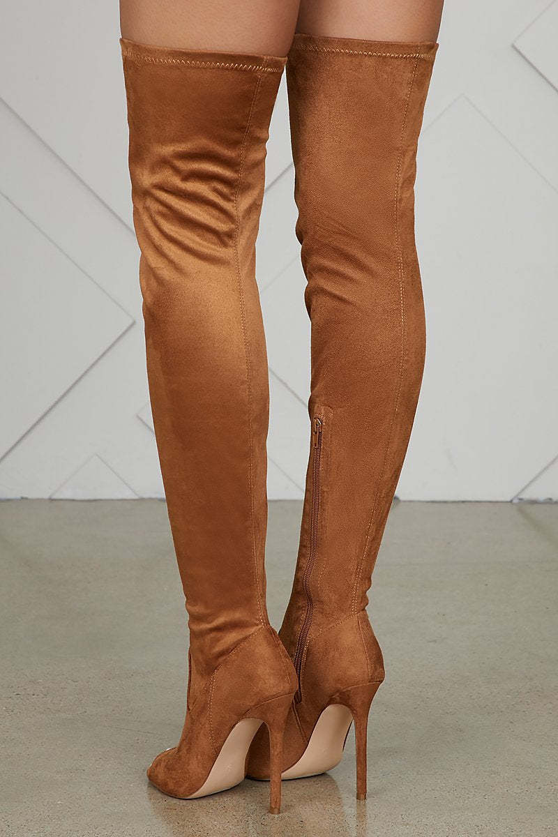 Thigh High Peep Toe Soft Suede Boots Over the Knee Stiletto - Brown-xinru