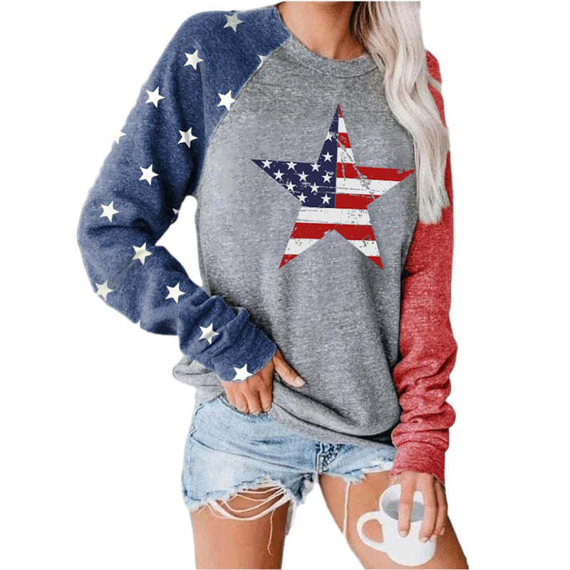 American Flag Star Print Colorblock Top-xinru