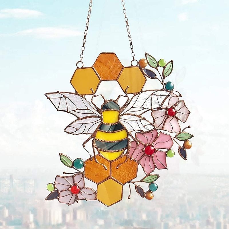 Honeycomb Stained Glass Window Bee Hanging Ornament Garden Decor-xinru