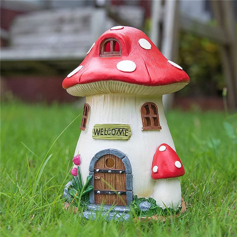 Solar Light Mushroom House Resin Micro Landscape Bonsai Garden Ornament-xinru