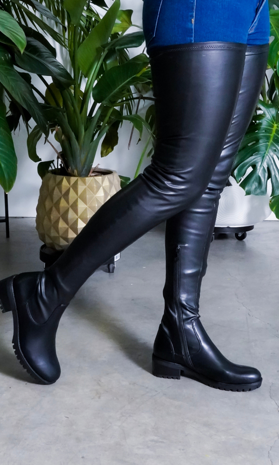Long Black Leather Boots Thigh High Flat Stretch Boot-xinru