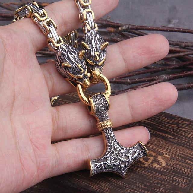 Viking Wolf Head Nordic Amulet Thor's Hammer Pendant Necklace-xinru