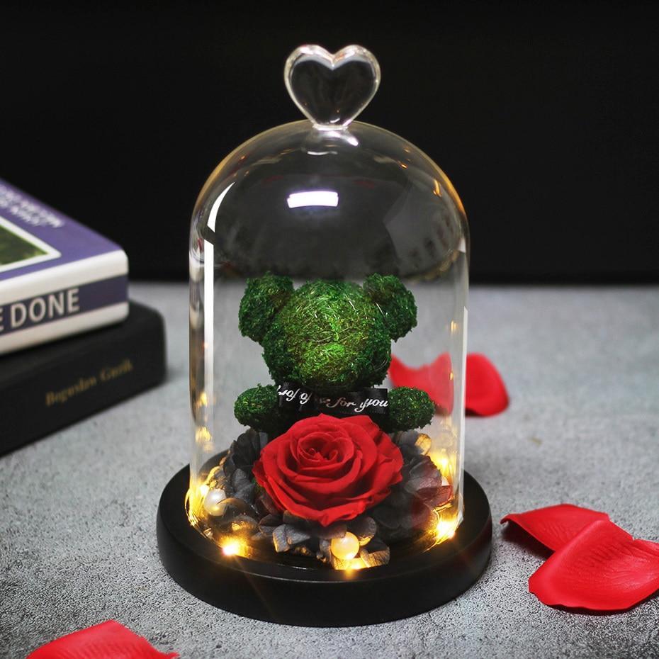 Immortal Preserved Rose Teddy Bear Glass LED Display-xinru