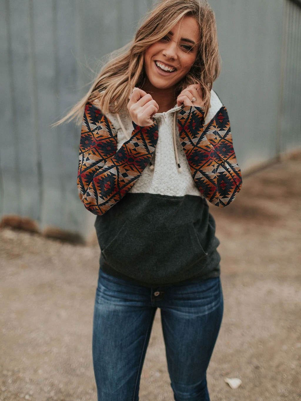 Women's Yellowstone Western Print Hood Collar Colorblock Pocket Sweatshirt-xinru shop