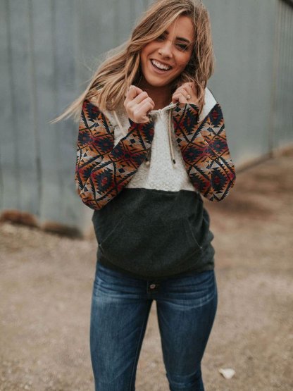 Women's Yellowstone Western Print Hood Collar Colorblock Pocket Sweatshirt-xinru shop