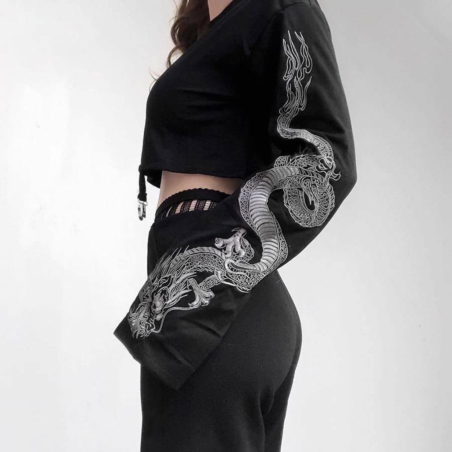 Women Midriff-baring Sweatershirt Dragon Print Sleeve Crop Tops With Chains-xinru