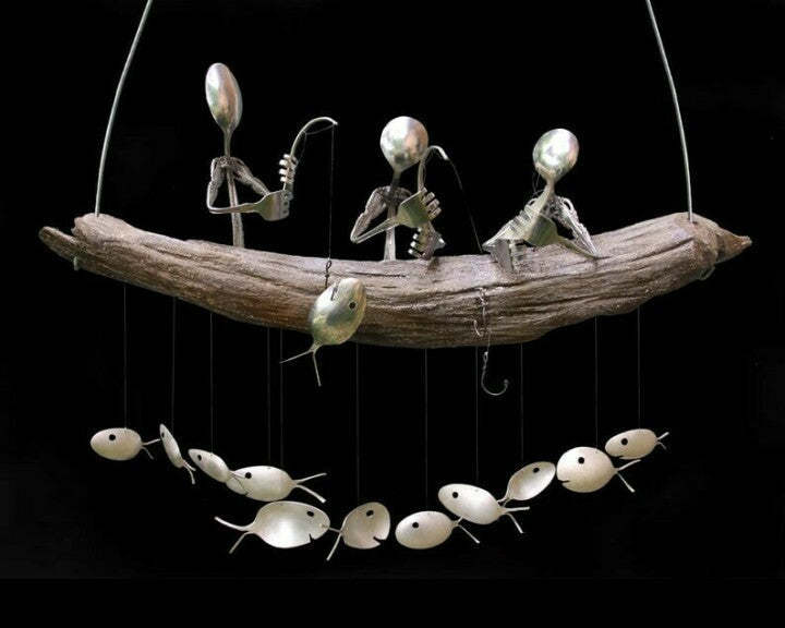 Fishing Man Spoon Fish Sculptures Wind Chime Indoor Outdoor Hanging-xinru