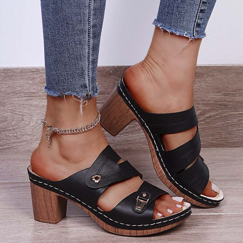 New Fashion High-heeled Women Leather Sandals-xinru