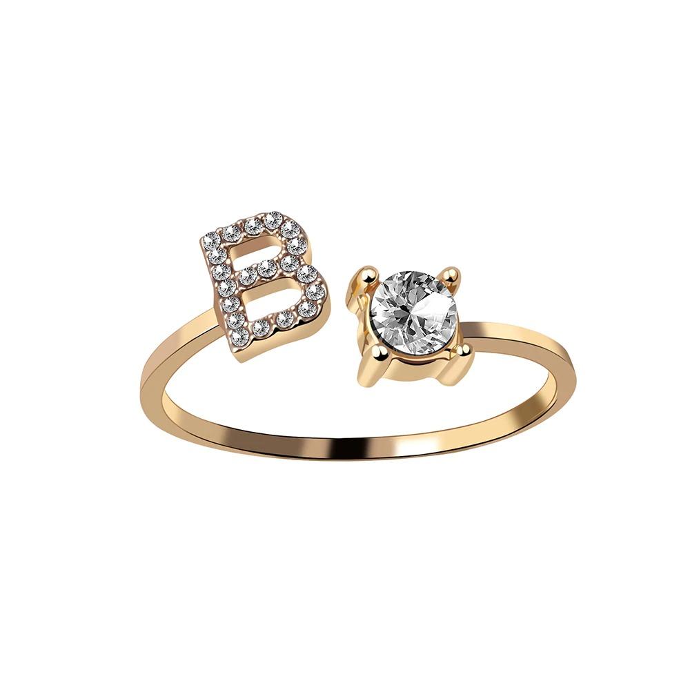 Golden Adjustable A-Z Personalized Initial Letter with Rhinestone Rings-xinru