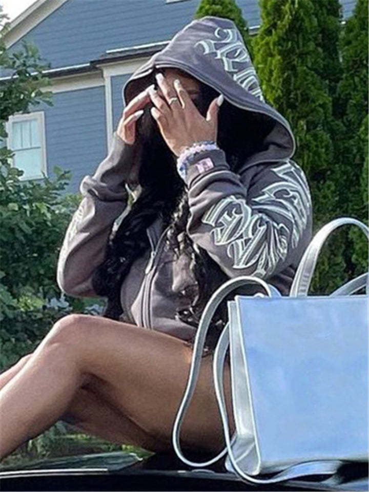 Women Zip Up Hoodie Streetwear Letters Printed Sweatshirts-xinru