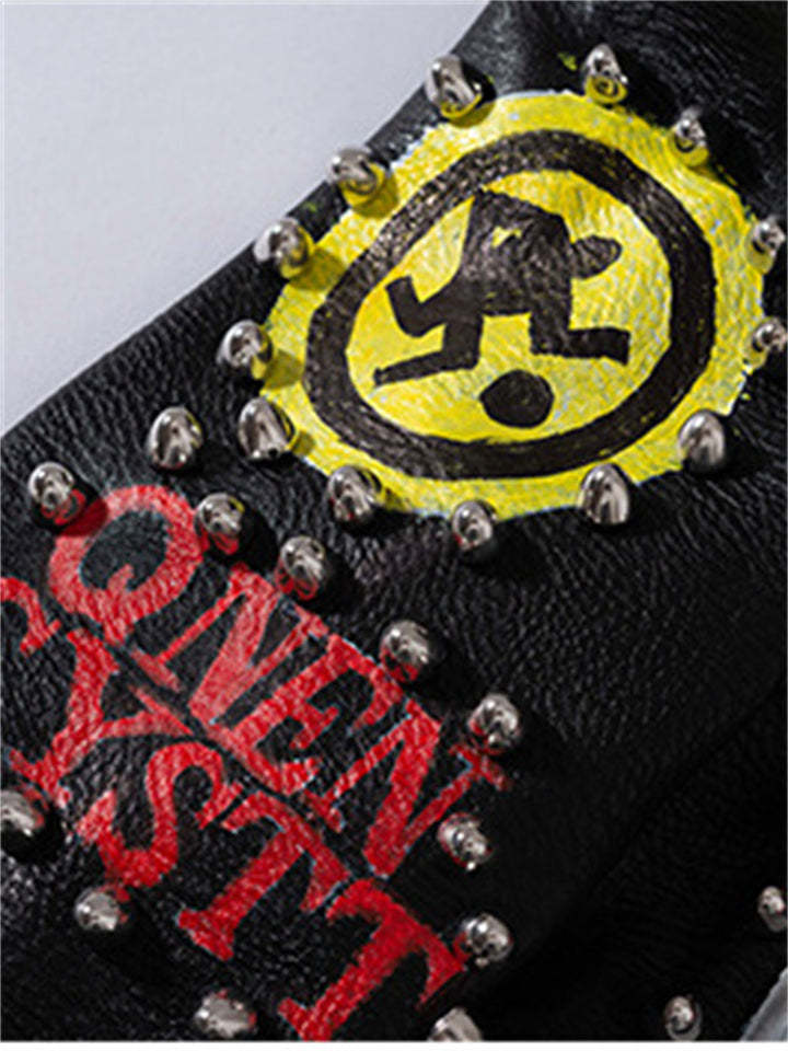 Women Street Style Graffiti Spiked Leather Jacket-xinru