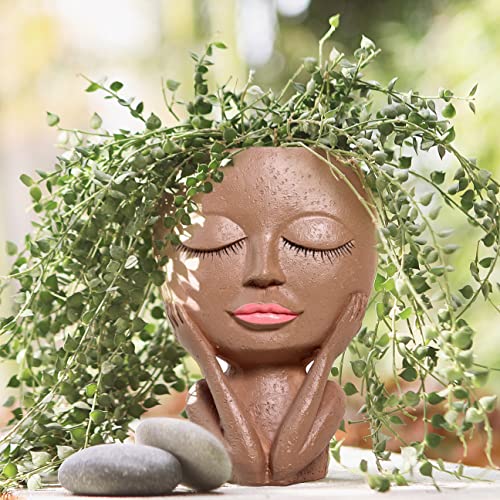Face Flower Pot Head Planter Pot Succulent Planter Cute Resin Cactus Planter With Drainage Hole Closed Eyes-xinru shop