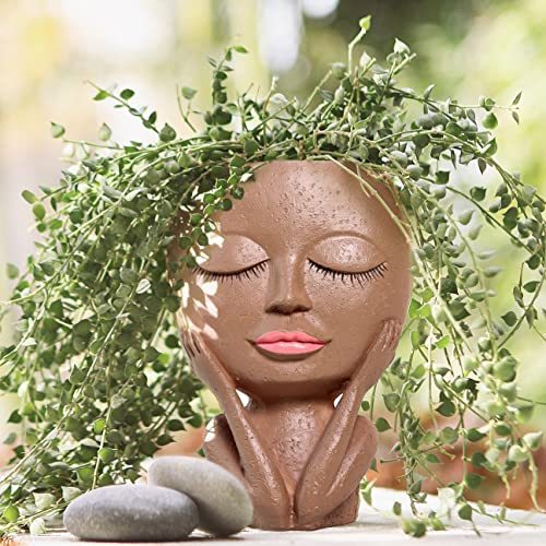 Face Flower Pot Head Planter Pot Succulent Planter Cute Resin Cactus Planter With Drainage Hole Closed Eyes-xinru shop