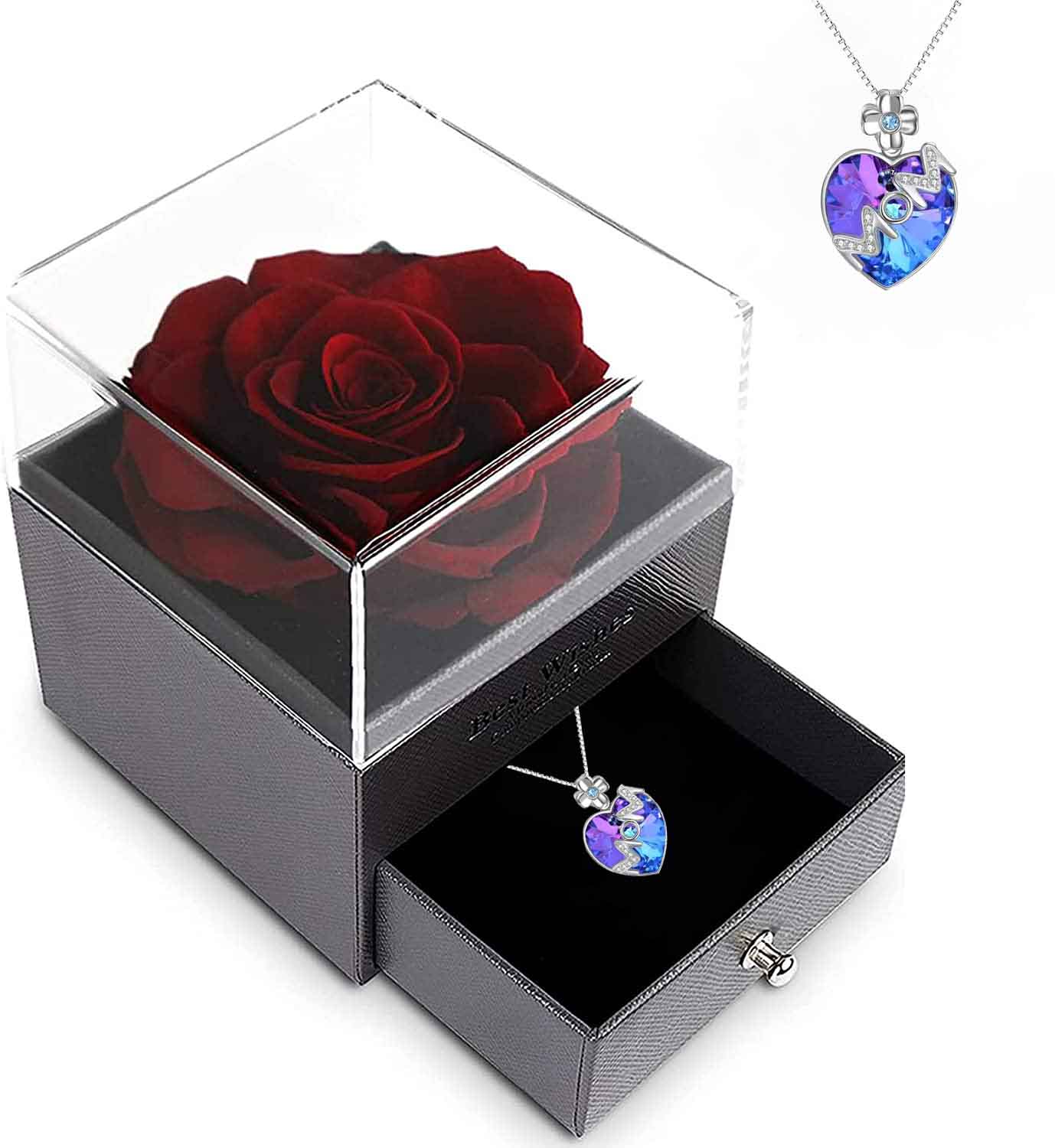 Mother's Day Gift Preserved Red Real Rose With  Necklace-xinru