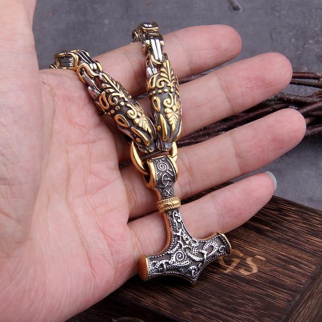 Viking Wolf Head Nordic Amulet Thor's Hammer Pendant Necklace-xinru