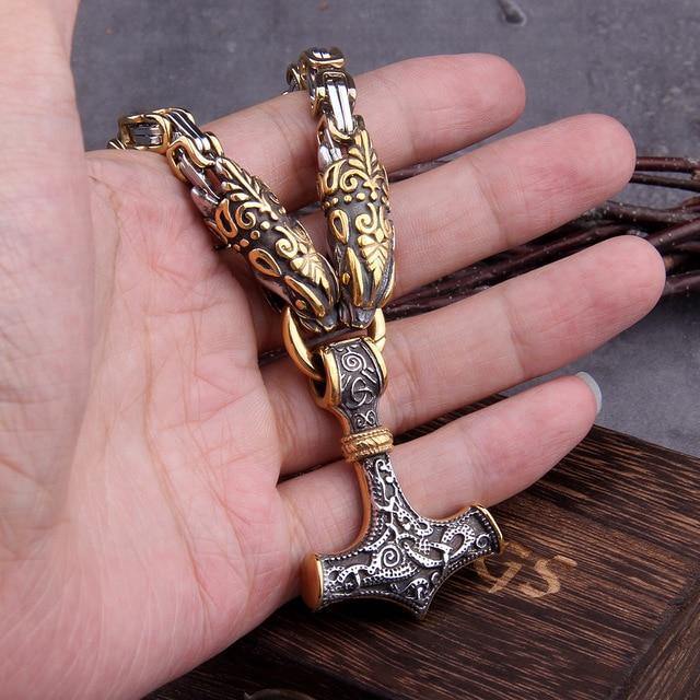 Viking Wolf Head Nordic Amulet Thor's Hammer Pendant Necklace-xinru