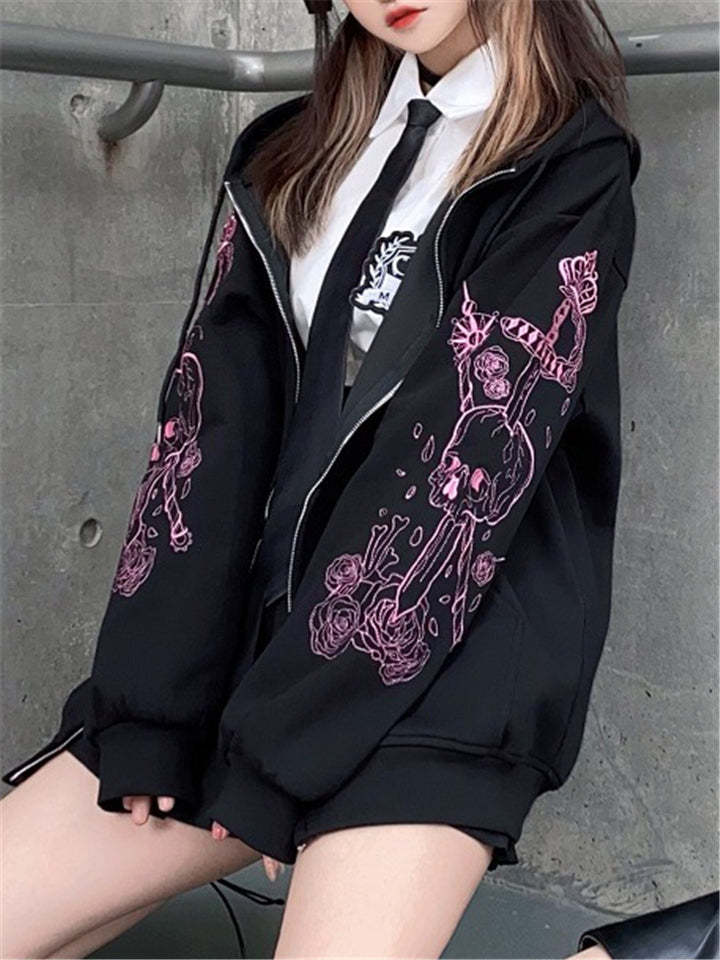 Women Loose Harajuku Gothic Zip Print Vintage Black Hoodie Streetwear-xinru