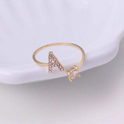 Golden Adjustable A-Z Personalized Initial Letter with Rhinestone Rings-xinru