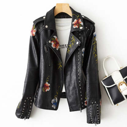 Retro Floral Print Embroidery Faux Soft Leather Jacket-xinru
