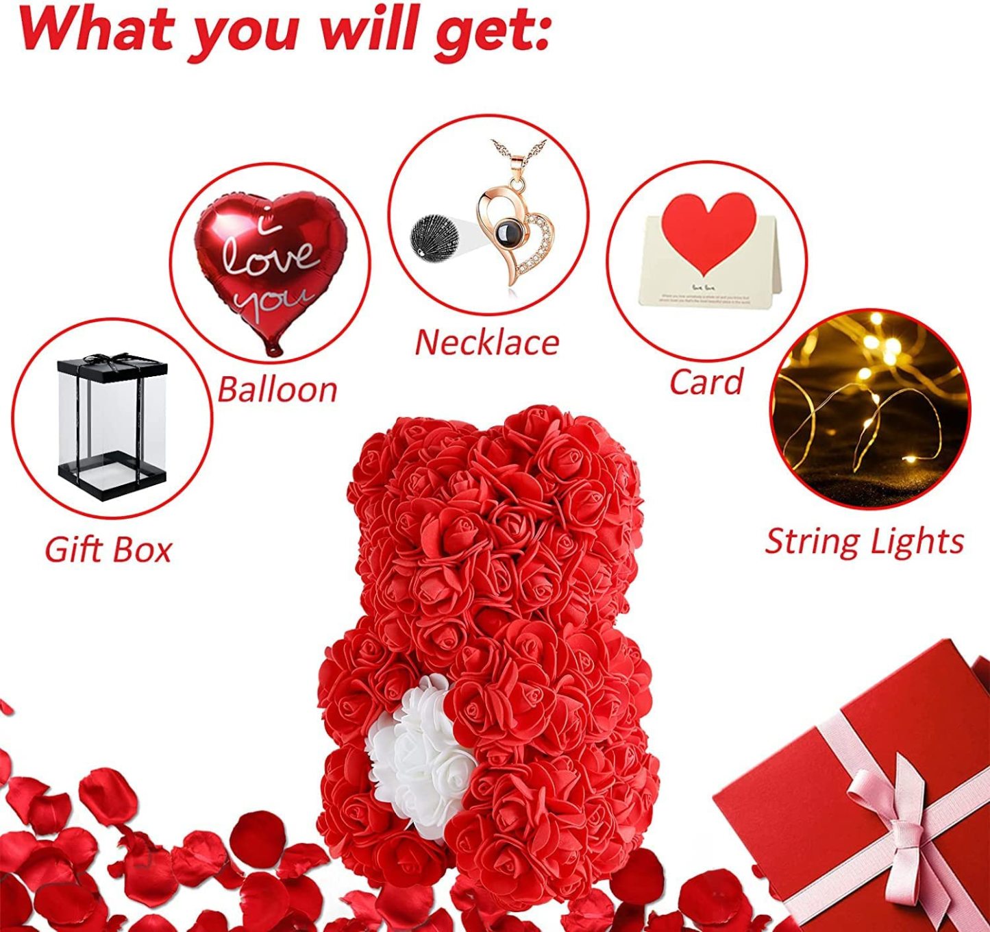 Mother's Day Gift Artificial Rose Teddy Bear Flower Bear With Box String Lights-xinru