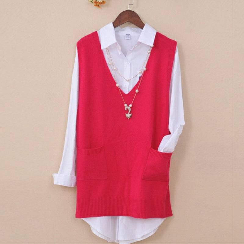 Mid-length Loose Sweater Vest Wool Bottom shirt V-neck Waistcoat-xinru