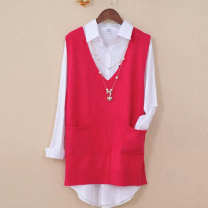 Mid-length Loose Sweater Vest Wool Bottom shirt V-neck Waistcoat-xinru