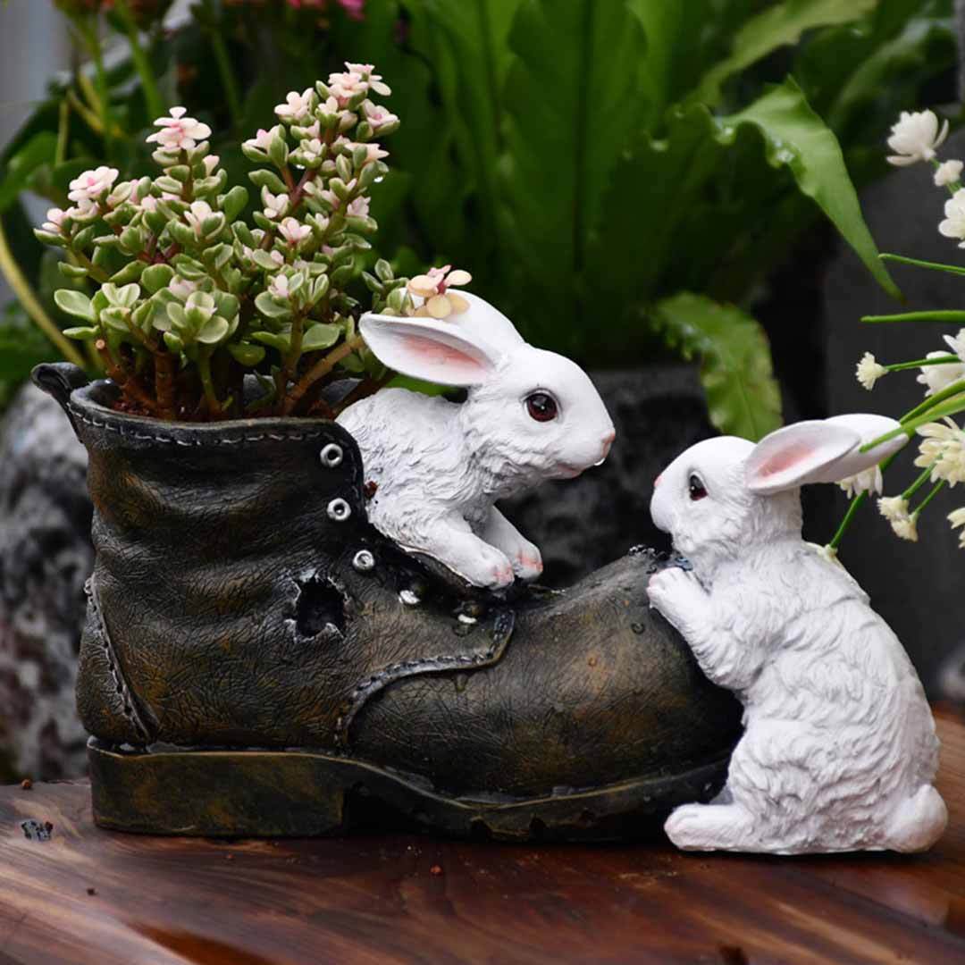 Cute Bunny Playing In Shoes Statue Flowerpot Home Sculpture Resin Floor Vase-xinru