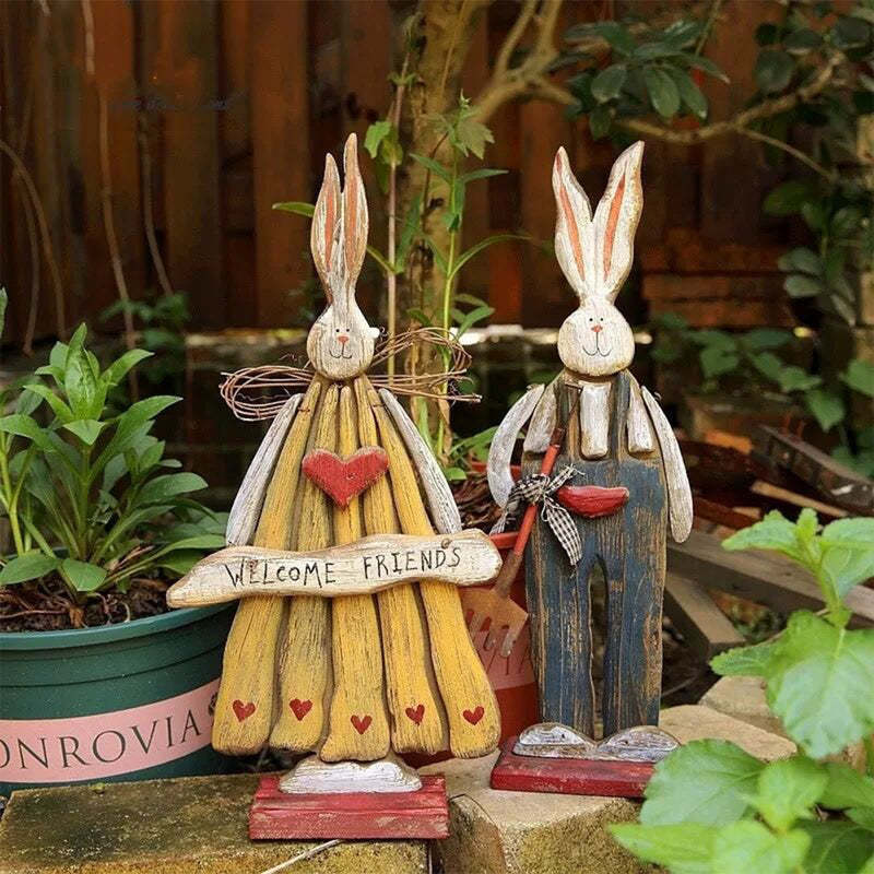 Retro Style Rabbit Shape Wooden Garden Statue Ornaments-xinru